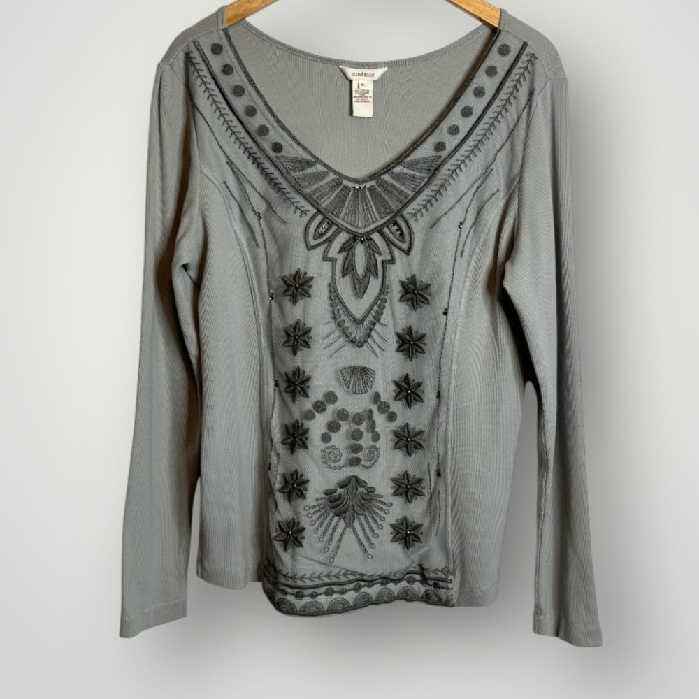 ✅SOLD-Sundance Long Sleeve V Neck XL Embroidery Rhinestones Mesh Front Panel - Picture 2 of 8